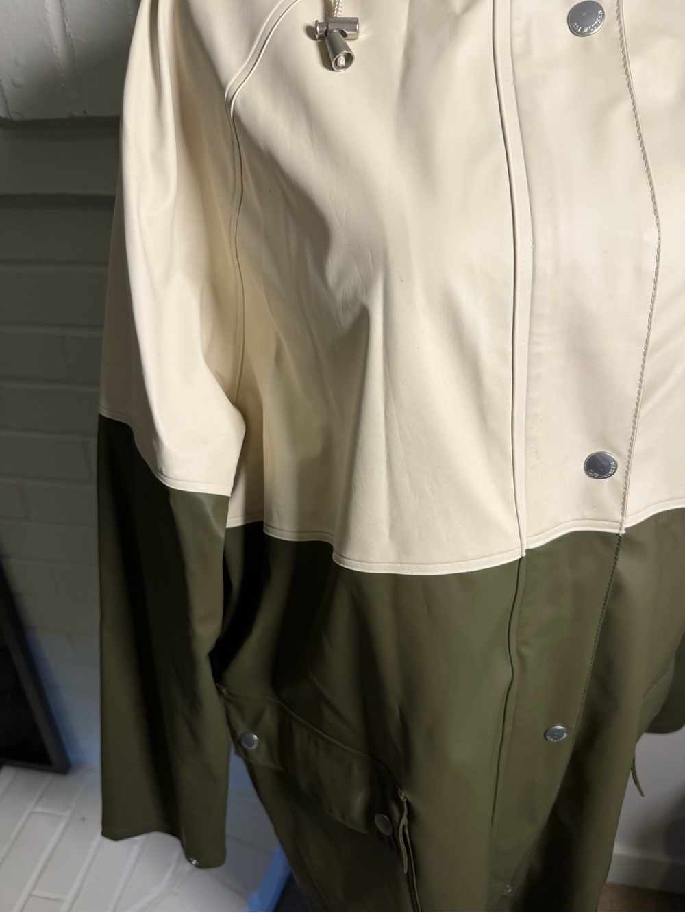 Two-Tone Hooded Raincoat - Cream and Olive